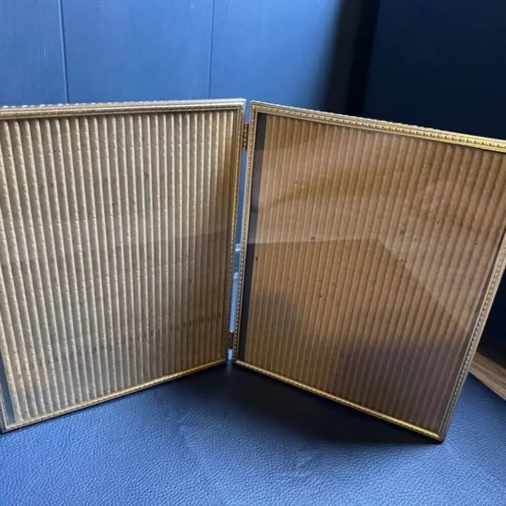Vintage Gold Metal Double 8x10 Hinged Picture Frame, MCM Bifold Ornate Beaded